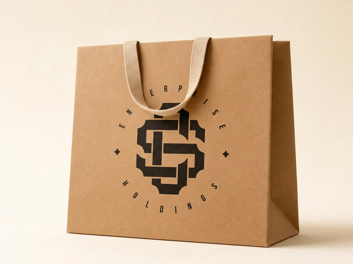 A premium brown kraft SC retail shopping bag with a bold black SC monogram